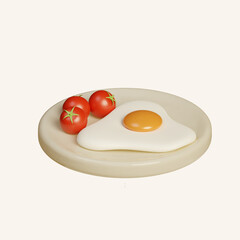 Minimalist 3D kitchen plate design with fried egg and tomatoes. Isometric render illustration