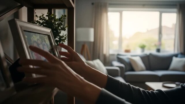 Nostalgic moment: Woman's hands touch framed family photo on shelf in cozy living room, evoking memories