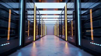 Abstract Server Room: Illuminated Data Center Corridor with Glowing Lights and Reflective Surfaces