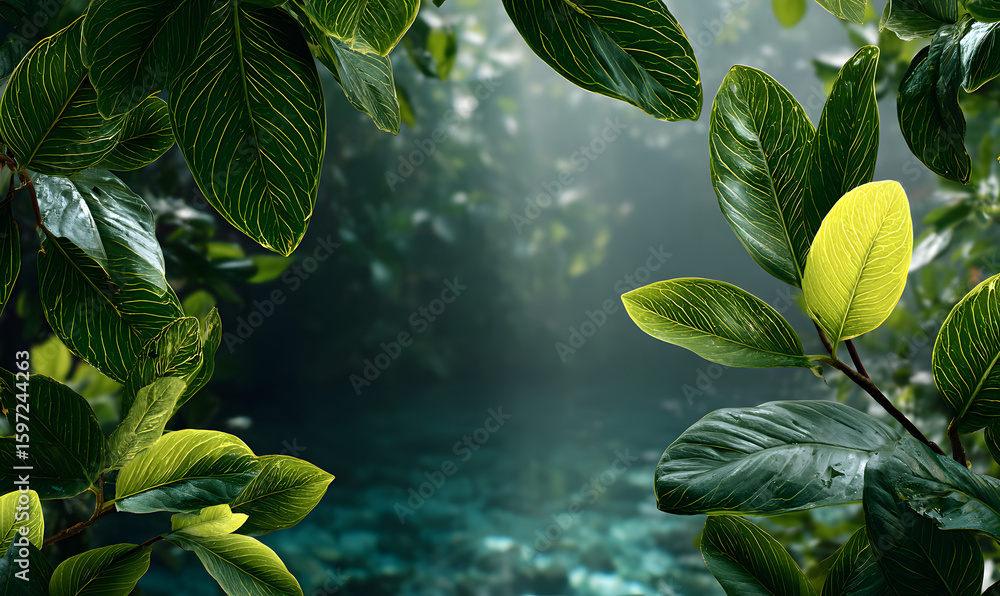 Poster lush tropical jungle foliage frame with blurred background for design and branding projects.