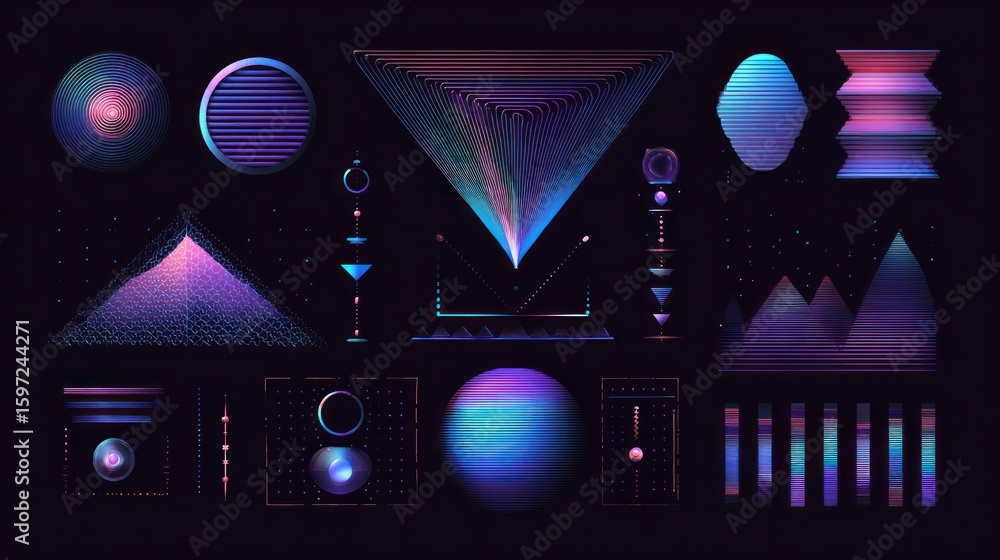 Poster geometric nebula elements: a vibrant display of neon-infused geometric shapes and digital forms, rem