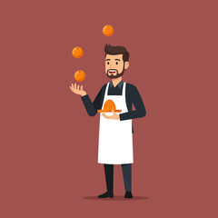 Man Juggling Oranges While Holding a Juicer on a Tray