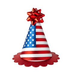 Patriotic party hat with stars and stripes, topped with a festive red bow, perfect for celebrating American holidays and patriotic events with fun and style