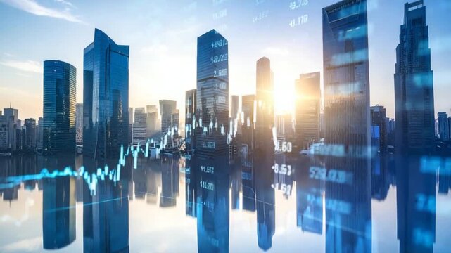 Sunrise city skyline financial data - Powered by Adobe