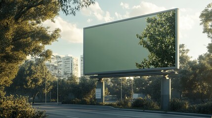 Empty billboard in a city park setting.