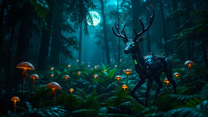 Cyberforest Night Robotic Deer Feeding Glowing Ferns AI Sensor Mushrooms Moonlit Shadows