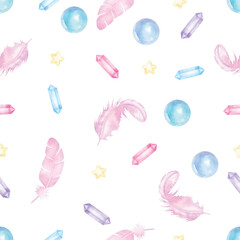 Seamless pattern of Feather, gem, bubble and star. Artwork isolated on transparent background.