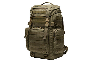 Tactical backpack displayed against a neutral background, showcasing its features and storage