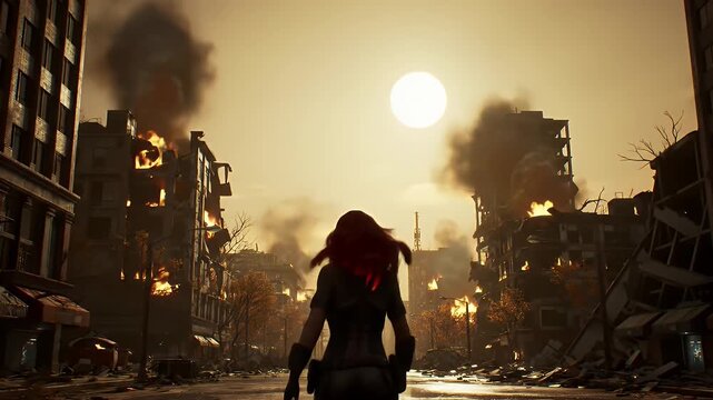 Post-Apocalyptic Cityscape: Woman Walks Through Burning Buildings Under a Setting Sun