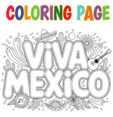 Hand drawn Viva Mexico Coloring book Page – Bold Fiesta Letters with Mexican Elements, dia de la independencia Mexico Celebration Coloring Sheet with Sombrero, Guitar, Chili and Sun Line Art print