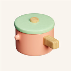 Minimal cooking pot in isometric style with wooden handle. 3D render illustration