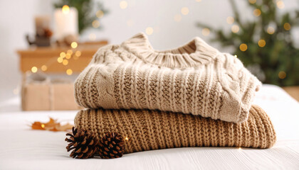 Stacked Cozy Knit Sweaters with Festive Winter Lights and Pinecone, Warm Clothing Concept