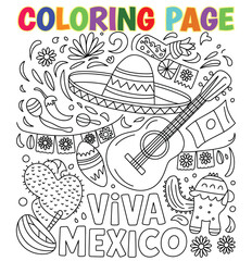 Hand drawn Viva Mexico Coloring book Page – Bold Fiesta Letters with Mexican Elements, dia de la independencia Mexico Celebration Coloring Sheet with Sombrero, Guitar, Chili and Sun Line Art print