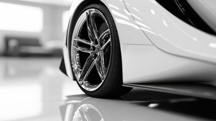 White luxury car wheel close-up, high-end alloy rims, glossy reflections, detailed textures, premium sports car, sleek auto design, polished metal finish, high-performance vehicle, business.