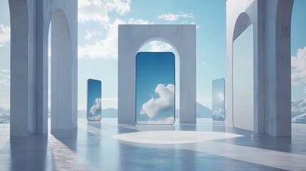 Empty architectural space with arched openings displaying sky views.