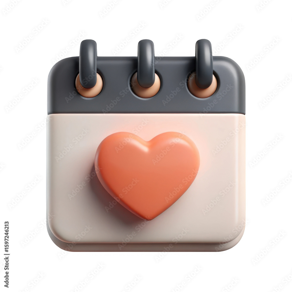 Poster 3d render of cute calendar icon with heart isolated on transparent background