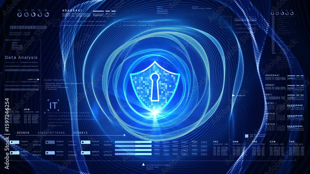 Poster blue digital shield with lock icon represents cybersecurity and data protection. surrounded by high-