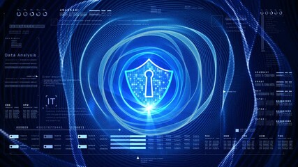 Blue digital shield with lock icon represents cybersecurity and data protection. Surrounded by high-tech data analysis interface and binary elements. Digital big data technology background - Powered by Adobe
