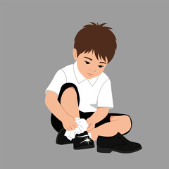 Boy Polishing Leather Shoe with Cloth Showing Care and Pride