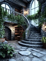 Naklejka premium Stone Staircase Enveloped by Nature A Rustic Interior Scene with Ivy Accents and Vintage Architecture