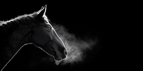 Majestic Horse Profile Silhouette Black White Steam Breathe Night Beauty Equine Power Grace Wildlife Expression Art Photography Dynamic Texture Contrast Dark Background Regal Pure Serene Elegant