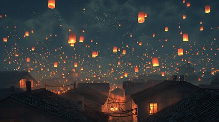 Night sky filled with floating lanterns above old rooftops glowing warm soft light calm tranquil mood