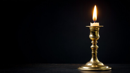 Single lit candle in ornate brass candlestick on dark background
