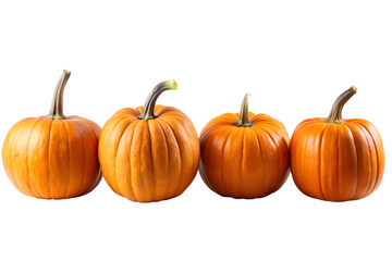 Obraz premium A group of four vibrant orange pumpkins with prominent stems, lined up and isolated on a clean transparent background, symbolizing autumn harvest and seasonal celebrations
