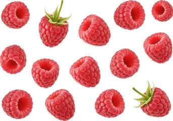 Fresh raspberries scattered on a white background, ideal for culinary and health-related uses