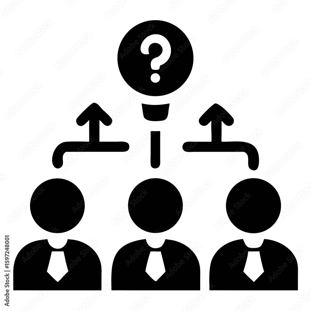 Poster three people with ties under a question mark lightbulb connected by arrows indicating uncertainty id