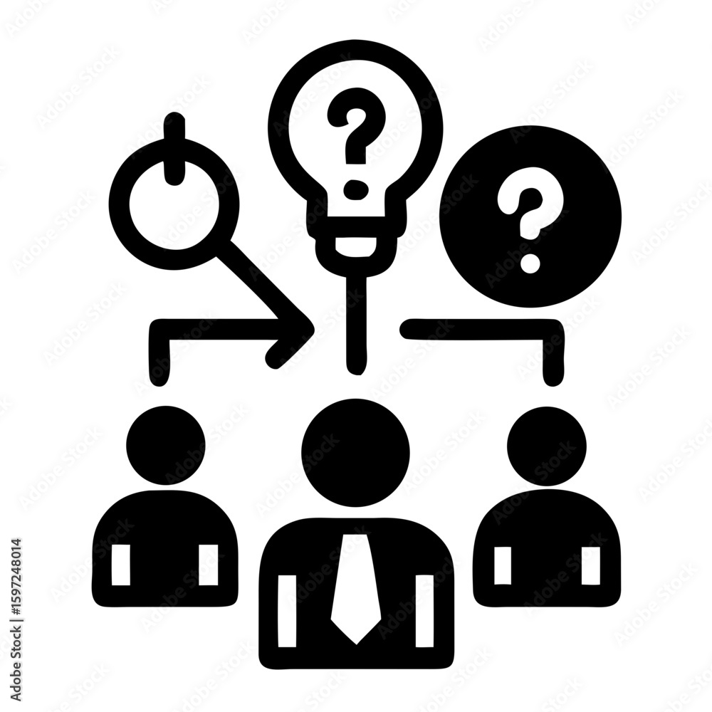 Poster illustration showing a group of people connected to ideas and problem solving with question marks an