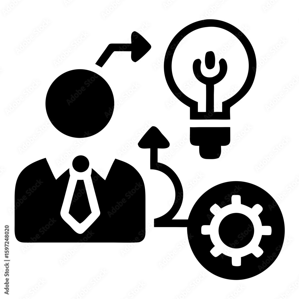 Poster a diagram showing a person in a suit with an idea going to a lightbulb and a gear representing proce