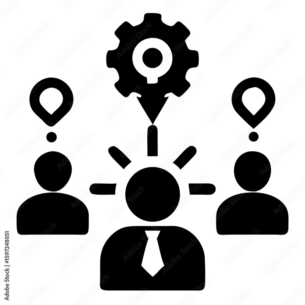 Poster problem solving icon vector illustration of three people with a gear above them and question marks a