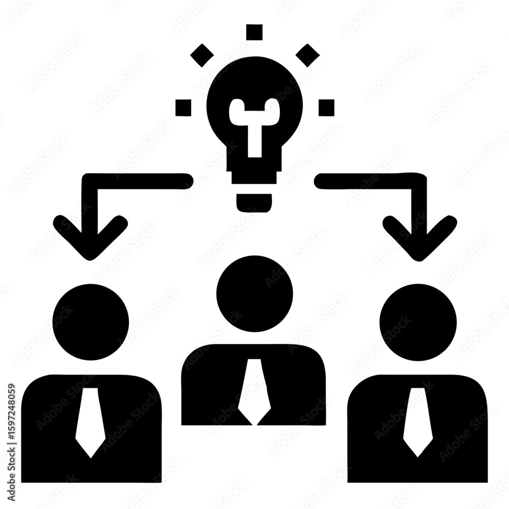 Poster problem solving icon idea sharing and delegation represented by lightbulb and people with arrows on 