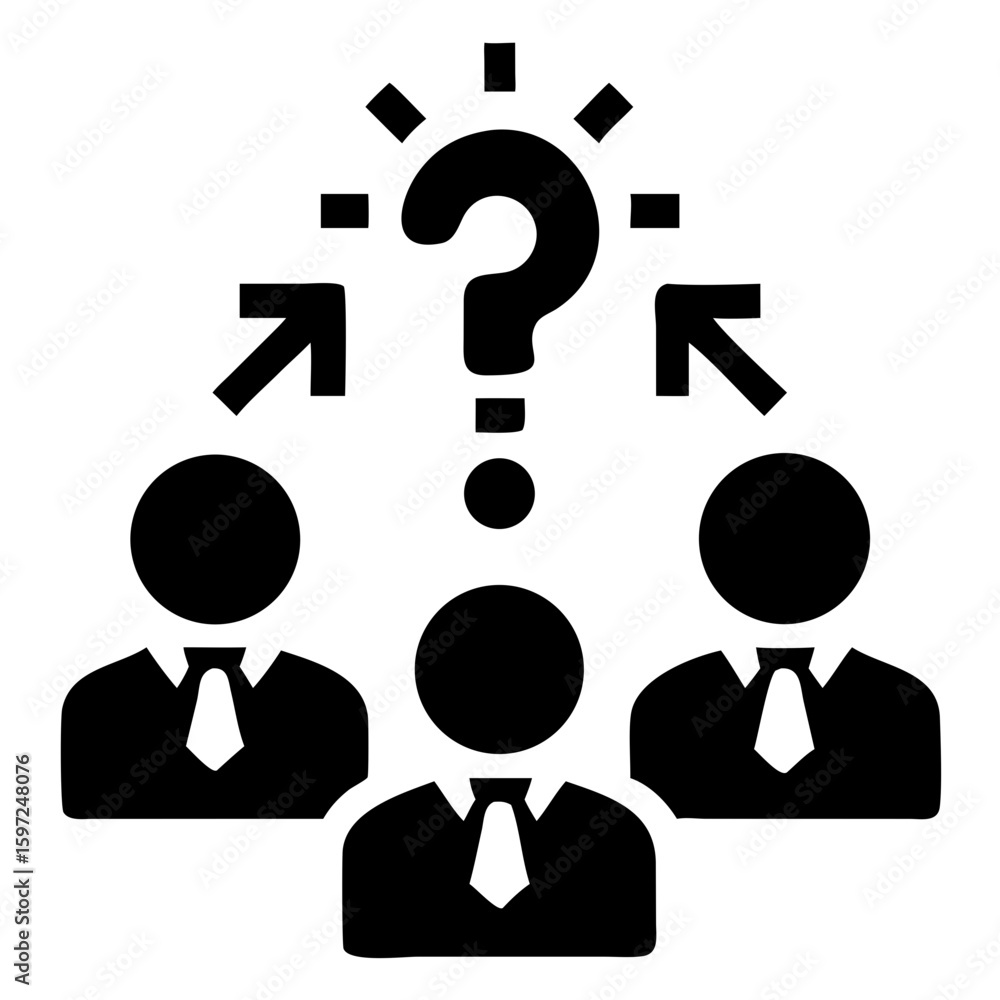 Poster problem solving icon vector illustration of three people in suits with a question mark and arrows ab