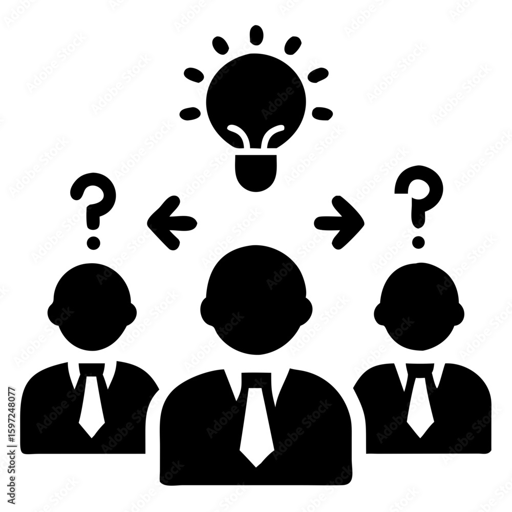 Poster problem solving icon vector illustration of three people with question marks and arrows pointing to 