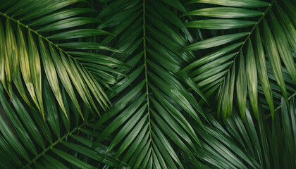 Lush palm fronds create a dense, textured, tropical background with deep green hues