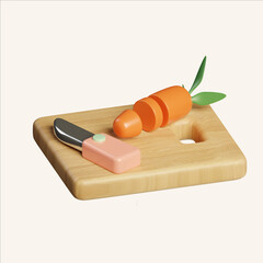 Minimal kitchen tool chopping board with knife and carrot in isometric style. 3D render illustration
