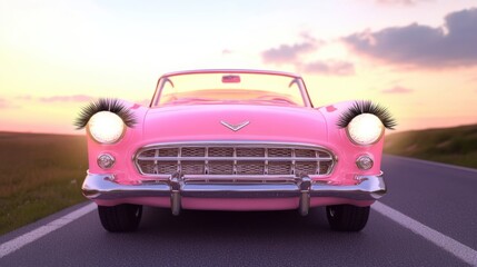 Pink pastel car, big huge eyelashes on headlights, headlight decor, front view, unusual car tuning, quirky design, feminine auto style, city street, quirky customisation, fuchsia, retro, vintage.