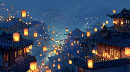 Obraz premium Floating lanterns illuminating ancient rooftops at night warm glowing light serene mystical ambiance