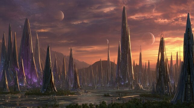 Futuristic Cityscape At Sunset With Glowing Towers