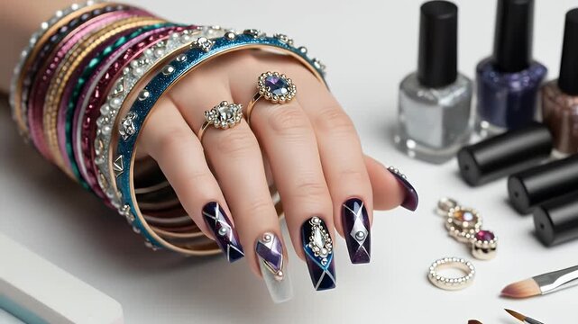 Hand with elegant nail art and bangles