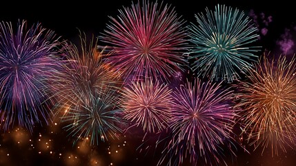 Grand colorful fireworks bursting in the night sky bright glowing lights festive celebration joyful mood