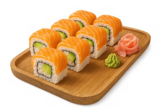 Delicious philadelphia uramaki sushi rolls are served on a wooden tray with pickled ginger, wasabi, and a transparent background