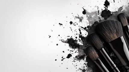 Makeup Brushes with Black Handles and Ink Splatter – Minimalist Layout on White Background with Copy Space