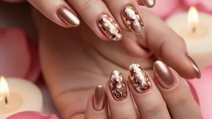 Rose gold nails with floral design