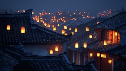 Soft glowing lanterns floating above old rooftops at night serene quiet scene ancient architecture warm light