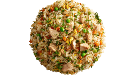 Delicious Plate of Fried Rice with Egg, Chicken and Vegetables Isolated on a Transparent Background