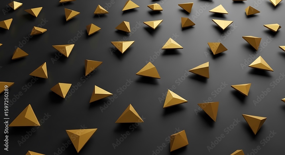 Poster elegant arrangement of golden three-sided pyramids creating a pattern with shadows on dark gray