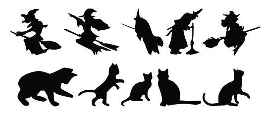Silhouettes of Halloween-themed elements. Halloween Scene. Set of elements for Halloween. Collection of black silhouettes. 